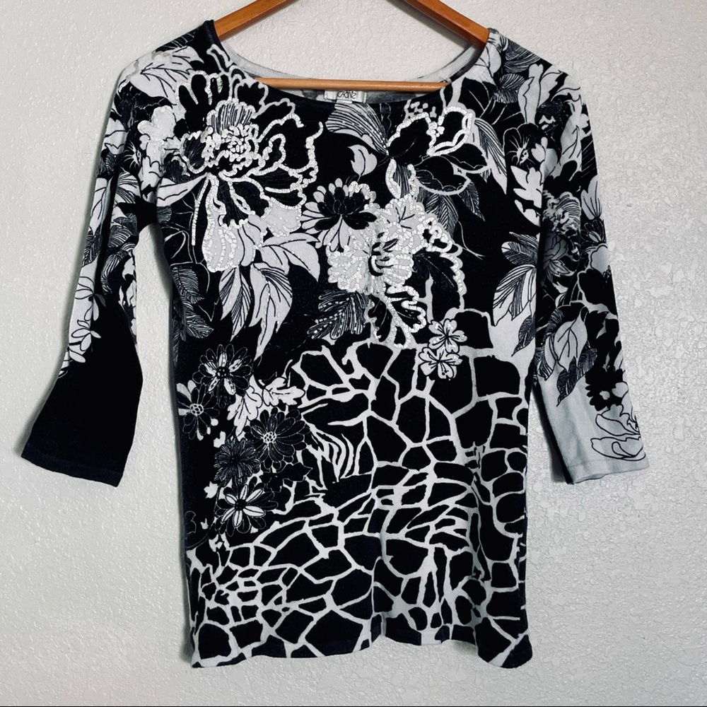 Vintage Cache - Black White Floral
Embroidered Beaded Sweater - Size S